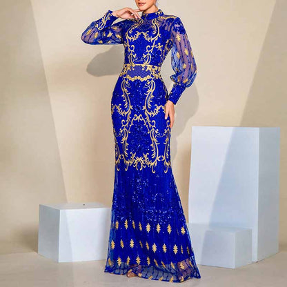 Lantern Sleeve Stand Collar Sequin Dress Royal Blue Prom Dress