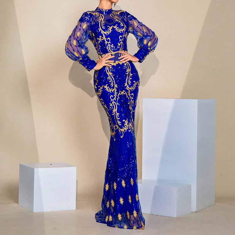 Lantern Sleeve Stand Collar Sequin Dress Royal Blue Prom Dress