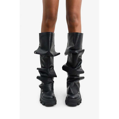 Stylish black ruched mid calf boots for women with unique design and durable sole