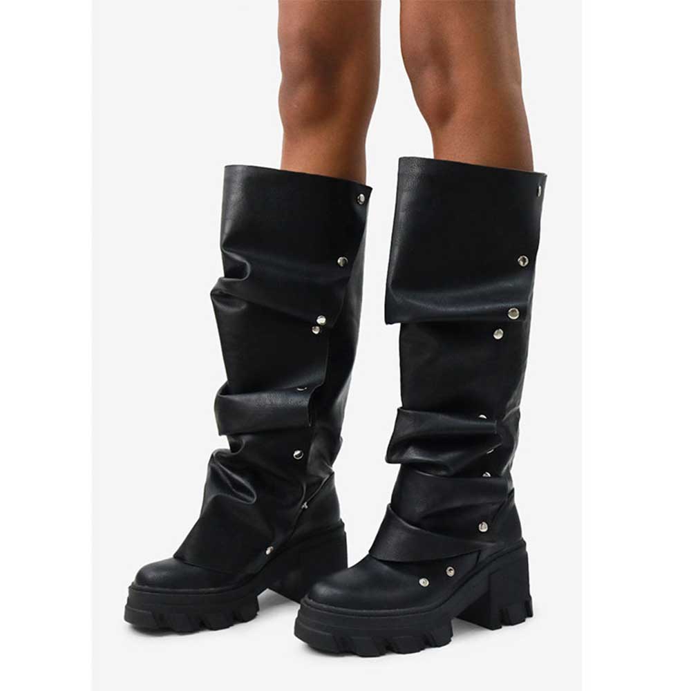 Stylish ruched mid calf boots for women with chunky platform sole and decorative snap buttons