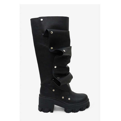 Stylish black ruched mid calf boots for women with chunky sole and decorative buttons