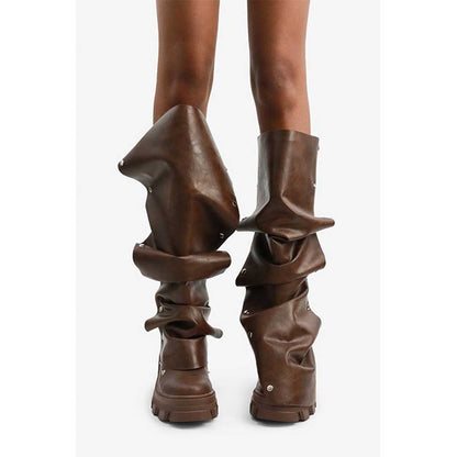 Stylish ruched mid calf boots for women in brown with a unique design and rugged sole