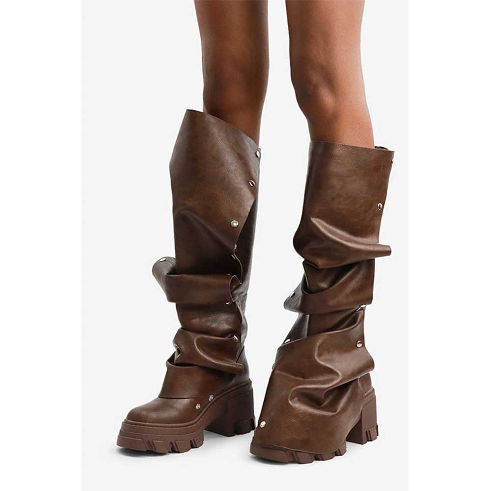 Stylish brown ruched mid calf boots for women with chunky soles and unique design details