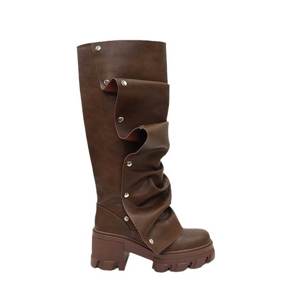 Brown ruched mid calf boots for women with a chunky heel and snap button detailing