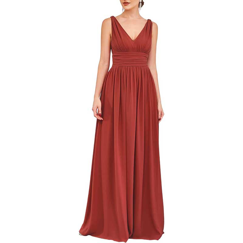 Bridesmaid Dress V-Neck Sleeveless A Line Chiffon Floor Length Formal ...