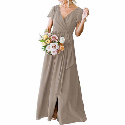 Elegant rustic wedding bridesmaid dress with short sleeves and a flattering wrap design