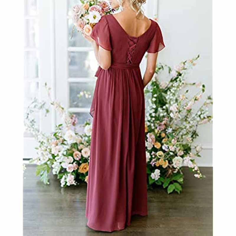 Elegant rustic wedding bridesmaid dress in burgundy with short sleeves and back detail