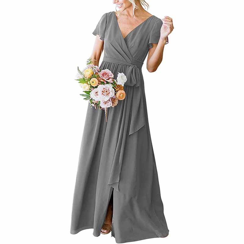 Gray rustic wedding bridesmaid dress featuring a wrap design and slit for elegant style