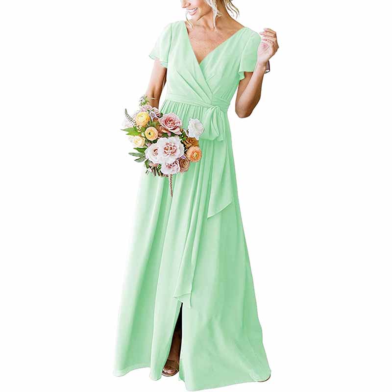 Light green rustic wedding bridesmaid dress with short sleeves and a flattering waist tie