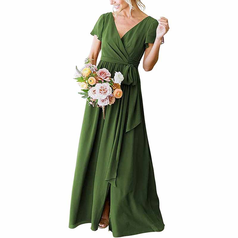 Elegant green rustic wedding bridesmaid dress with a flattering v-neck and flowy skirt