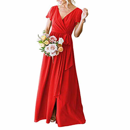Elegant red rustic wedding bridesmaid dress with a flowy silhouette and short sleeves