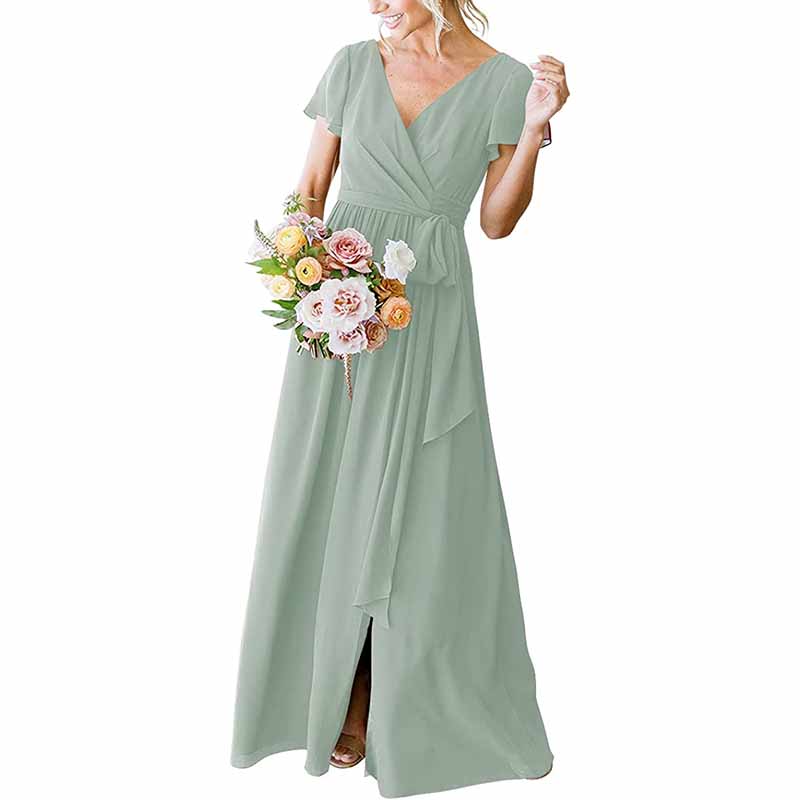 Elegant dusty sage rustic wedding bridesmaid dress with a flowing design and floral bouquet