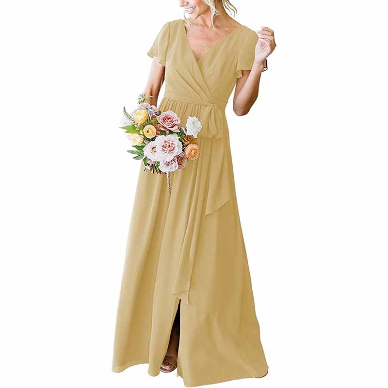 Elegant mustard rustic wedding bridesmaid dress with a flowy silhouette and pleated bodice