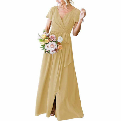 Elegant mustard rustic wedding bridesmaid dress with a flowy silhouette and pleated bodice