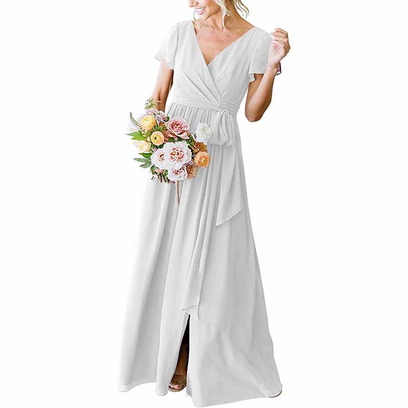 Elegant white rustic wedding bridesmaid dress with a flattering wrap design and flowing skirt