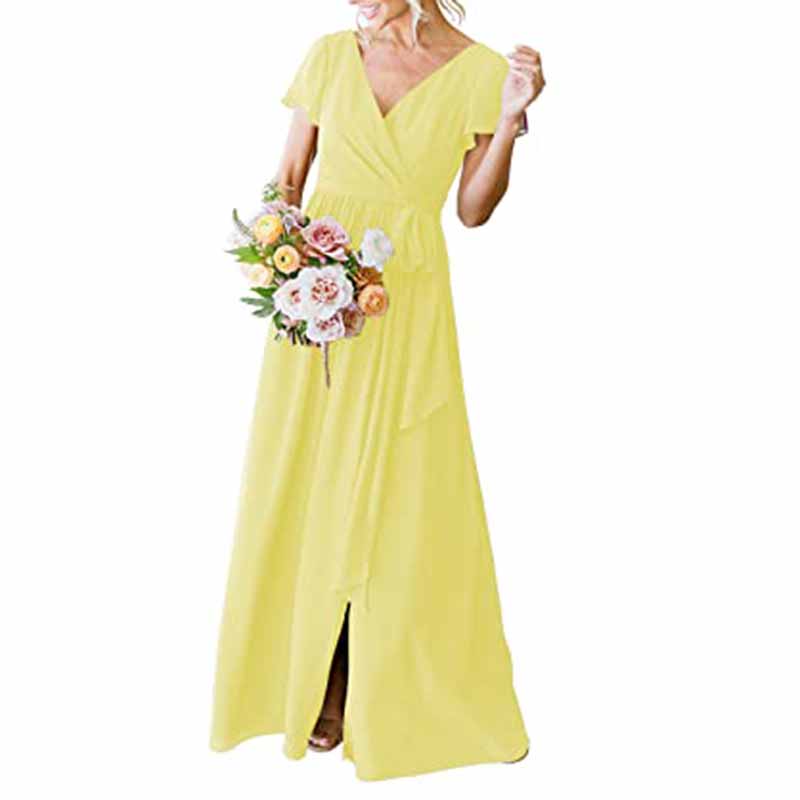 Yellow rustic wedding bridesmaid dress featuring a flattering silhouette and short sleeves
