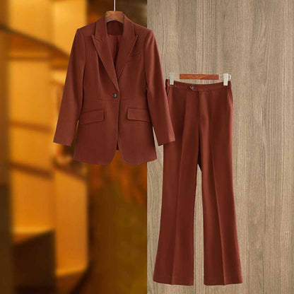 One Button Rust Brown Pantsuit Fitted Blazer + Mid-High Rise Trousers Pantsuit Suit Formal Wear