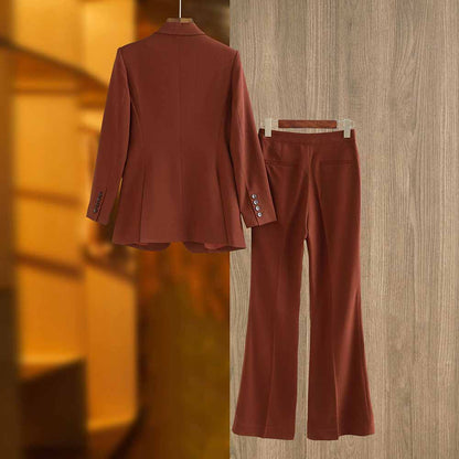 One Button Rust Brown Pantsuit Fitted Blazer + Mid-High Rise Trousers Pantsuit Suit Formal Wear