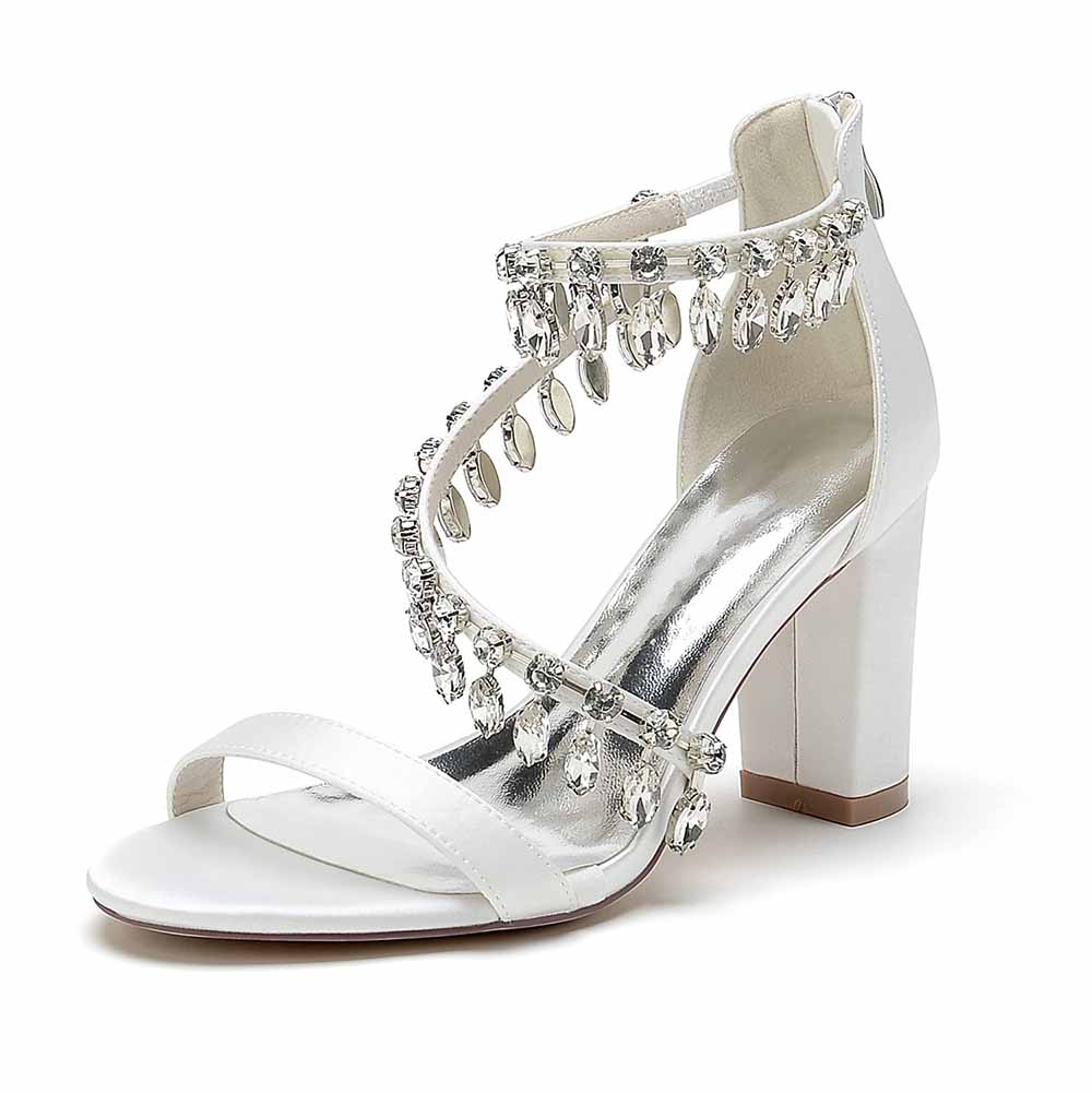 Women Beaded Ankle-Strp Pump Chunky Wedding Prom Sandals