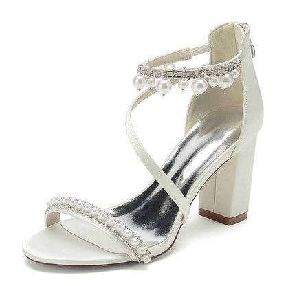 Women Ankle-Strp Pump with Pearl Wedding Prom Sandals Chunky Shoes