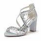 Bridal Rhinestones Heels X-Strap Chunky Sandals Prom Block Heel Shoes