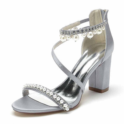 Women Ankle-Strp Pump with Pearl Wedding Prom Sandals Chunky Shoes