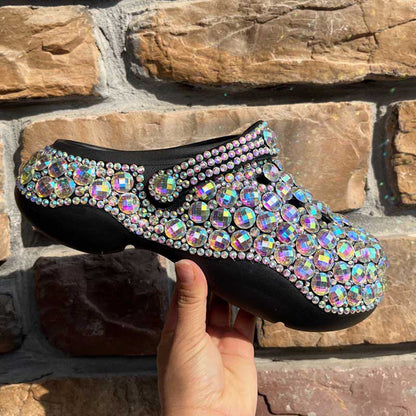 Womens Closed Toe Clog Shoes Rhinestone Beaded Slip-On Black Mules