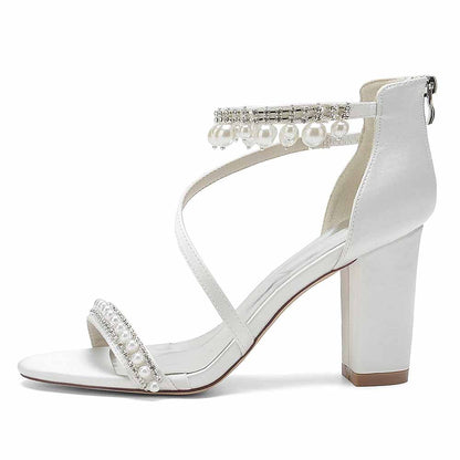 Women Ankle-Strp Pump with Pearl Wedding Prom Sandals Chunky Shoes