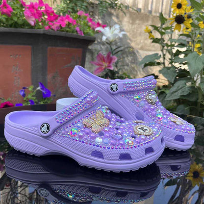 Womens Closed Toe Clog Shoes Rhinestone Sparkly Slip on Mules Lavender