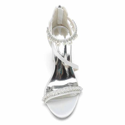 Women Ankle-Strp Pump with Pearl Wedding Prom Sandals Chunky Shoes