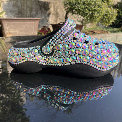 Womens Closed Toe Clog Shoes Rhinestone Beaded Slip-On Black Mules
