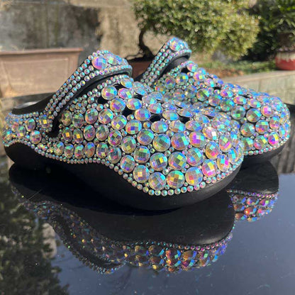 Womens Closed Toe Clog Shoes Rhinestone Beaded Slip-On Black Mules