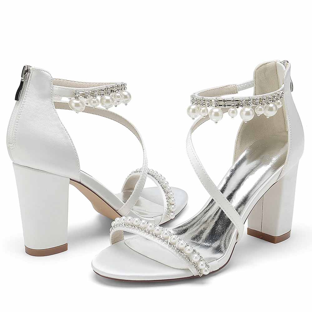 Women Ankle-Strp Pump with Pearl Wedding Prom Sandals Chunky Shoes