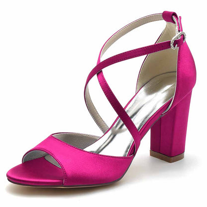 Women's Open Toe Chunky Heeled Sandals Satin Pump Prom Sandals