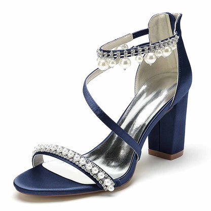 Women Ankle-Strp Pump with Pearl Wedding Prom Sandals Chunky Shoes