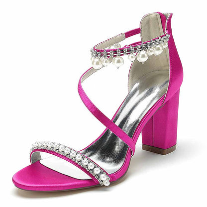 Women Ankle-Strp Pump with Pearl Wedding Prom Sandals Chunky Shoes