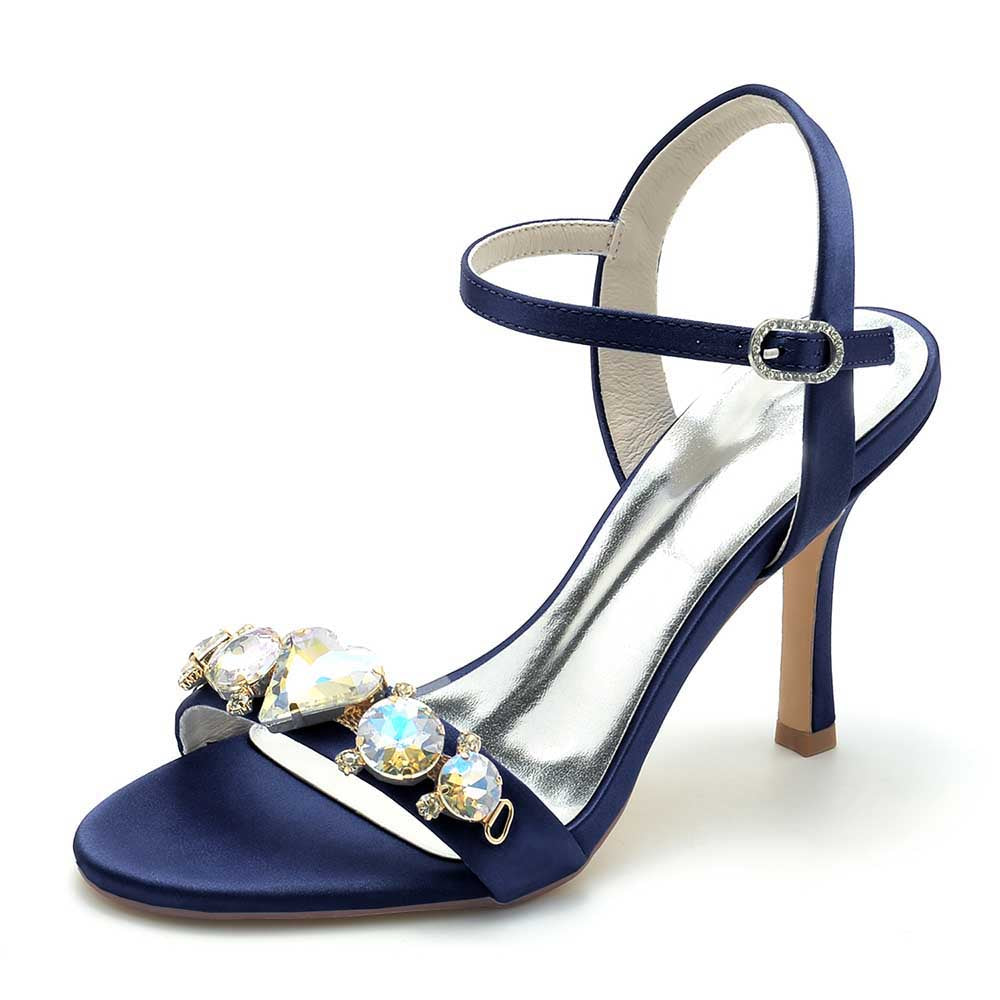 S&DCo. bridal rhinestone stiletto heels in navy blue with elegant gem embellishments