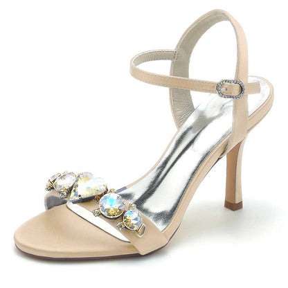 Elegant S&DCo. bridal rhinestone stiletto heels in beige with shimmering gemstones and ankle strap