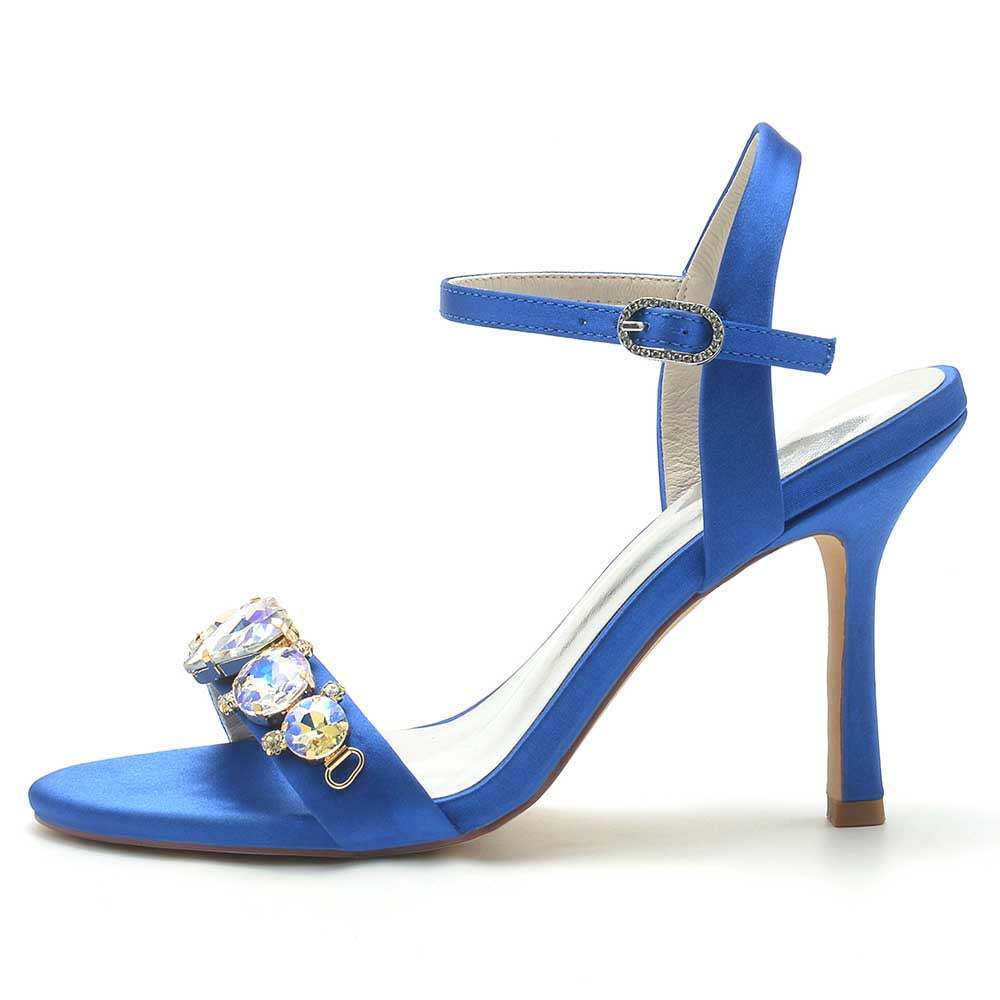 Elegant blue bridal rhinestone stiletto heels with sparkling gemstones and ankle strap