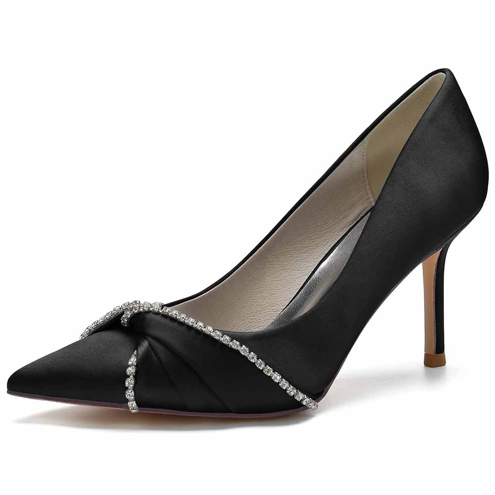 Elegant satin beaded wedding pumps in black with a stylish pointed toe and delicate beading.