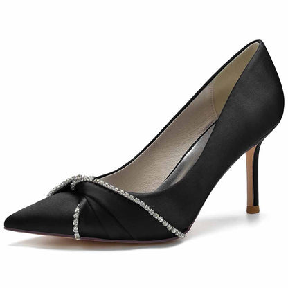 Elegant satin beaded wedding pumps in black with a stylish pointed toe and delicate beading.