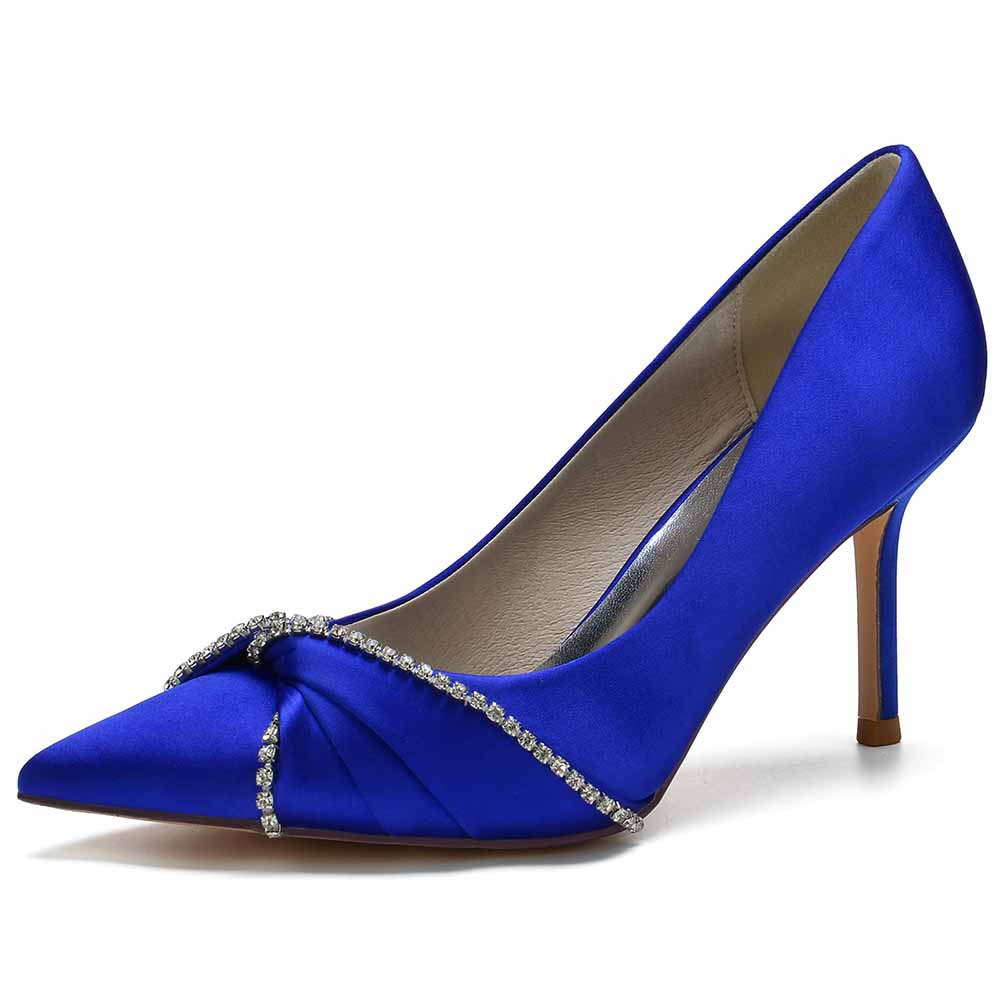 Blue satin beaded wedding pumps with elegant design and pointed toe for special occasions