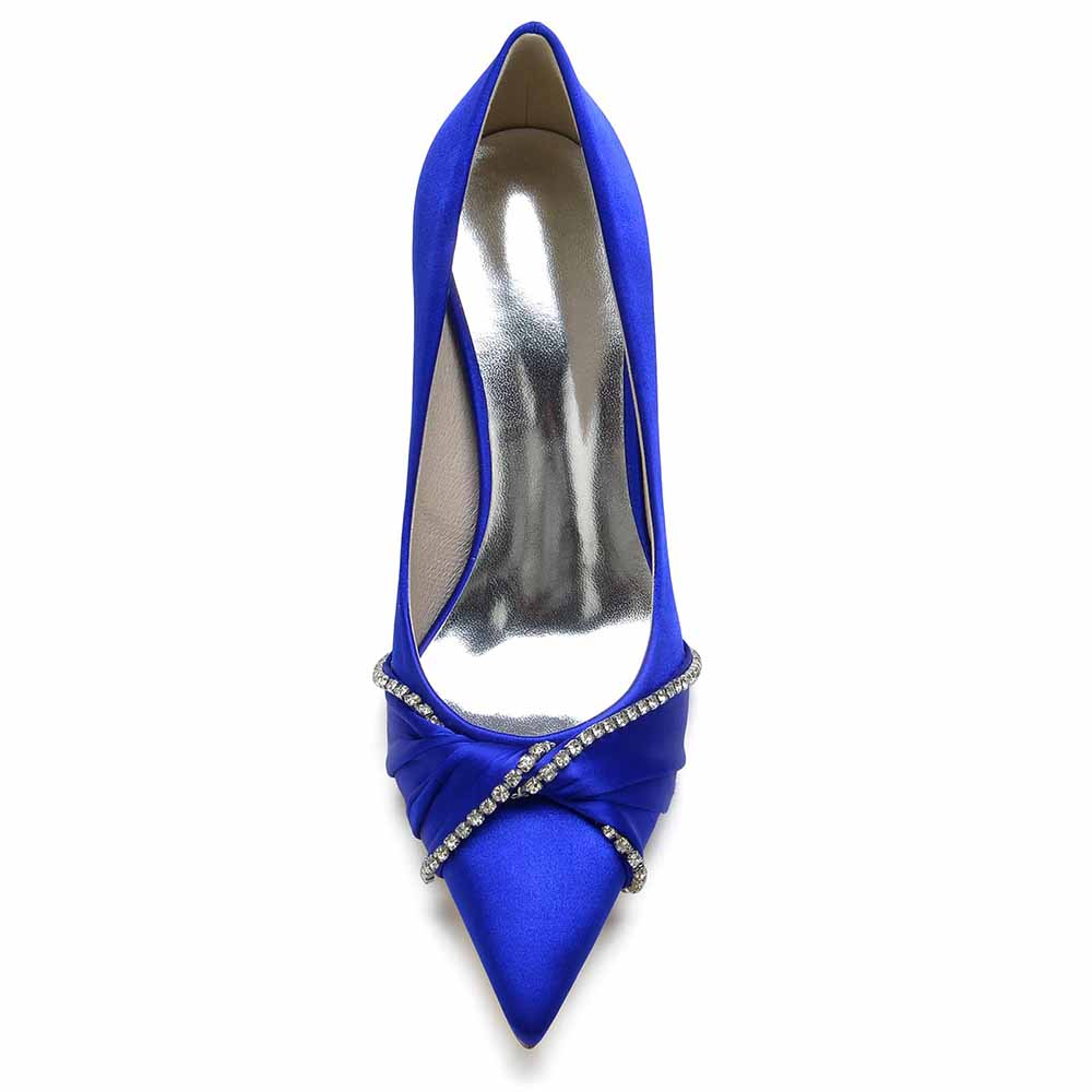 Elegant blue satin beaded wedding pumps with a pointed toe and sparkling embellishments