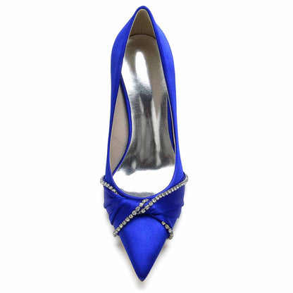 Elegant blue satin beaded wedding pumps with a pointed toe and sparkling embellishments