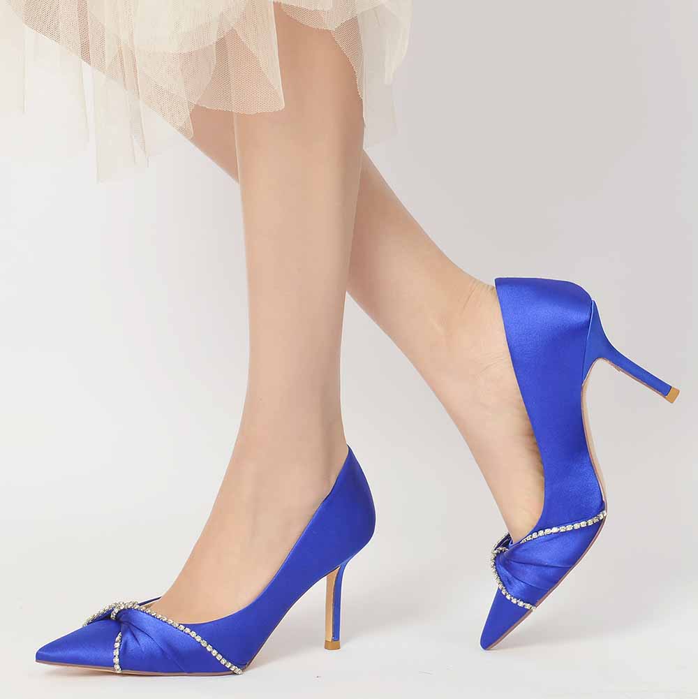 Elegant blue satin beaded wedding pumps with a stylish pointed toe and delicate embellishments