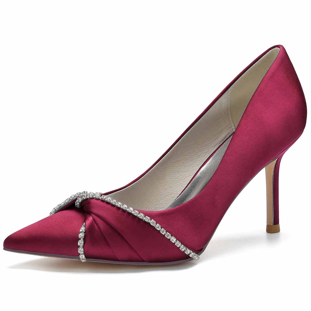 Elegant satin beaded wedding pumps in burgundy with a stylish bow and stiletto heel