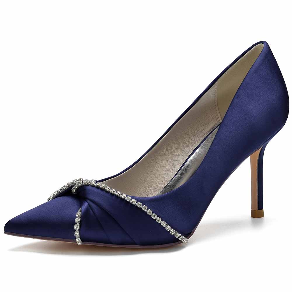 Elegant satin beaded wedding pumps in navy blue with a chic twisted design for stylish brides
