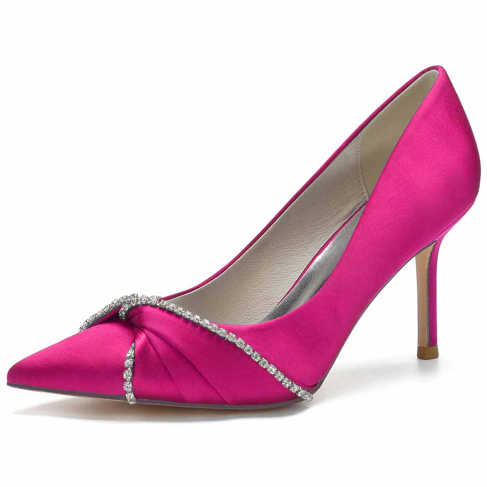 Pink satin beaded wedding pumps with a pointed toe and elegant rhinestone detail