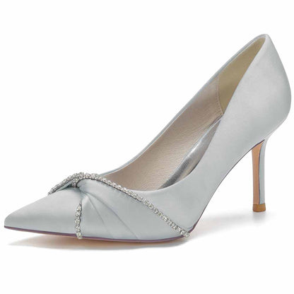 Elegant satin beaded wedding pumps with a pointed toe and delicate bead detailing for bridal elegance