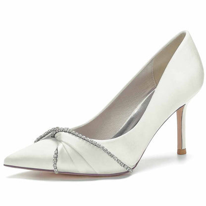 Elegant TC satin beaded wedding pumps with a pointed toe and decorative embellishments